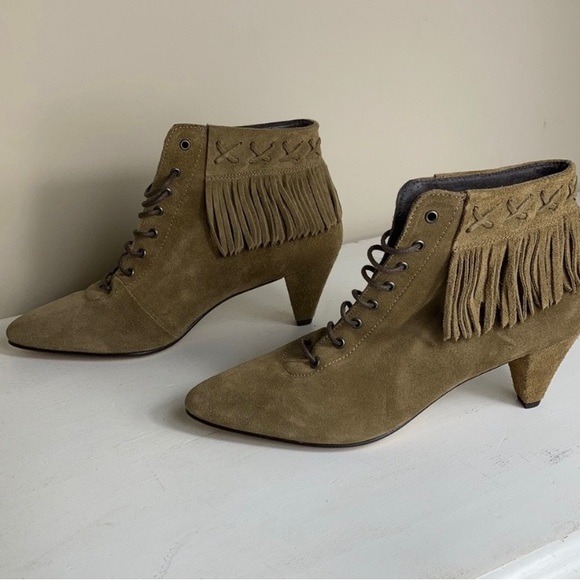 Sixtyseven Tan Suede Heeled Fringe Bohemian Lace Up Booties - Picture 3 of 6